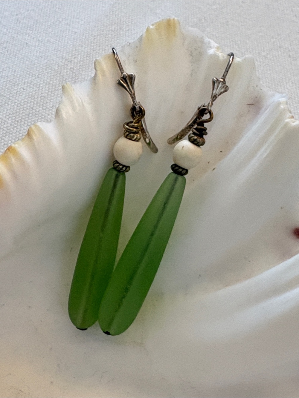 Green Sea Glass Teardrop Dangle Earrings with Stone accents